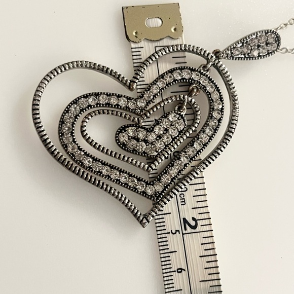 Rhinestone Layered Silver Tone Stacking Hearts Pendant Necklace - Picture 12 of 16